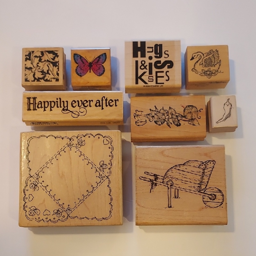 Rubber Stamps Set Of 9 Gardening Floral Swan Butterfly Pepper Wedding Hugs Kiss